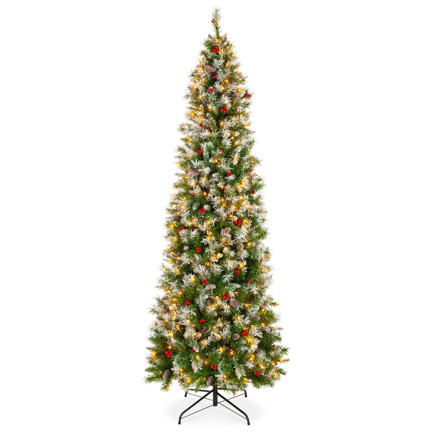 Best Choice Products 6ft Pre-Lit Pre-Decorated Holiday Christmas Pencil Tree w/ 618 Flocked Tips, 250 Lights, Base - 6ft