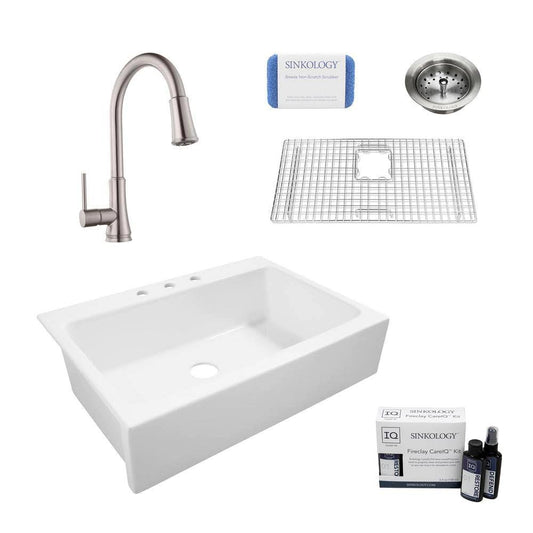 Sinkology Josephine All-in-One Quick-Fit Farmhouse Fireclay 33.85 in. 3-Hole Single Bowl Kitchen Sink with Faucet and Strainer,