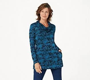 Attitudes by Renee Regular Jacquard Cowl Neck Tunic w/ Pocket, Size 4X, Teal