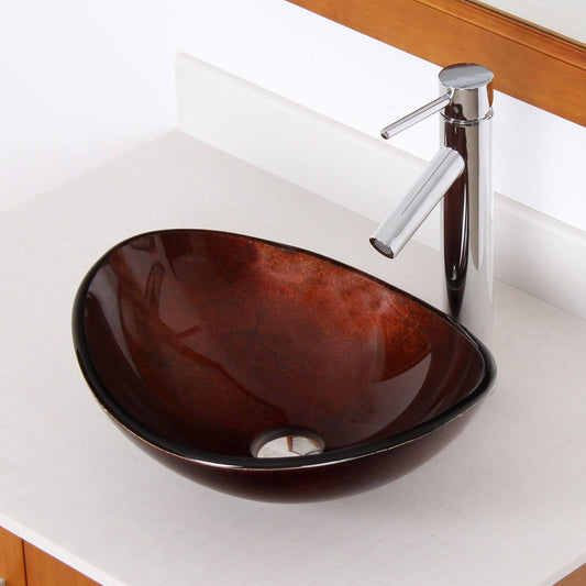 Elite 1411+2659 Unique Oval Artistic Bronze Tempered Glass Bathroom Vessel Sink with Faucet Combo (Silver - Nickel Finish)