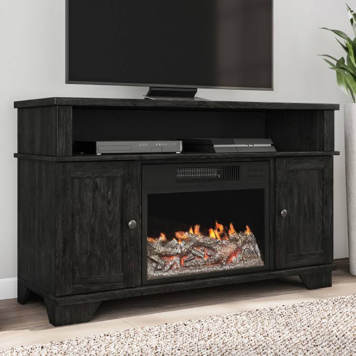 47 in. Freestanding Electric Fireplace TV Stand in Woodgrain Black