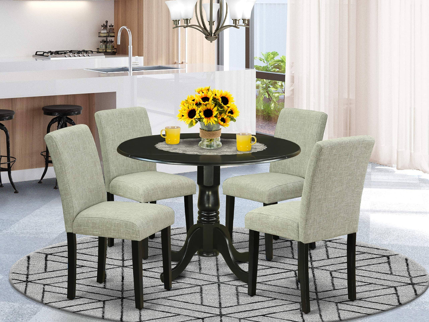 East West Furniture DLAB5-BLK-06 5pc Round 42 inch Kitchen Table with Two 9-Inch Drop Leaves and Four Parson Chair with Black Le