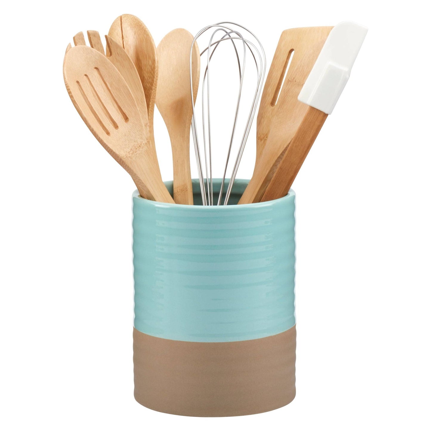 Basic Essentials Kitchen 8 Piece Mint Ceramic Tub of Tools Crock with Utensil Sets-Ceramic Holder Bamboo Tools and Stainless Ste