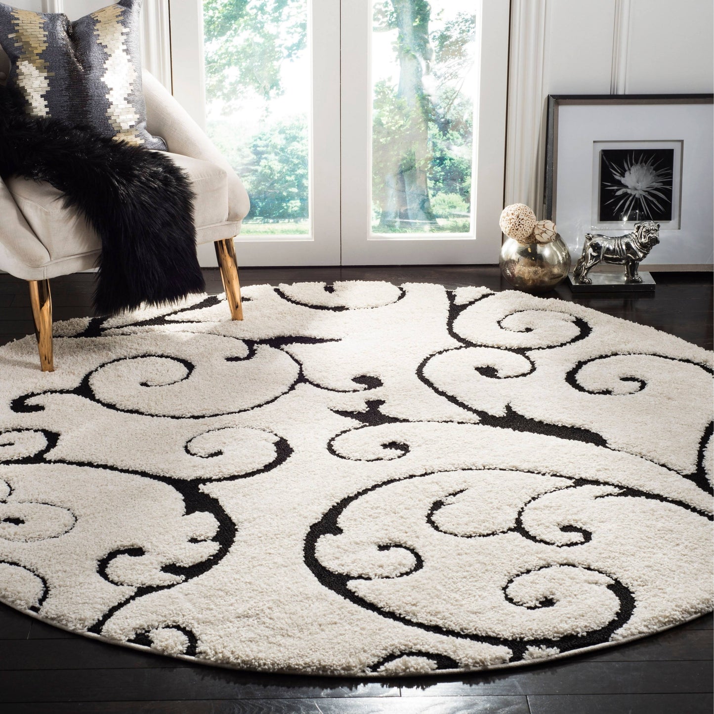 Safavieh Florida Shag Ivory/Black 5 ft. x 5 ft. Round Area Rug