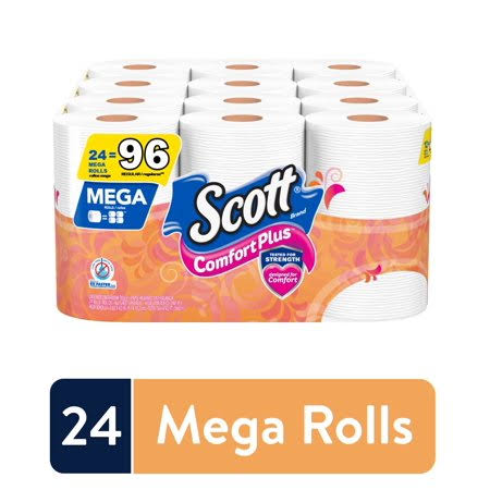 Scott ComfortPlus Toilet Paper, 24 Mega Toilet Paper Rolls, Bath Tissue