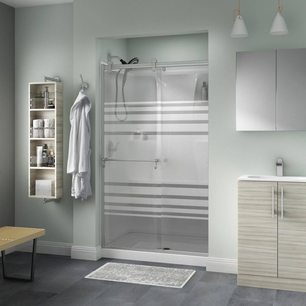 Delta Portman 48 x 71 in. Frameless Contemporary Sliding Shower Door in Nickel with Transition Glass