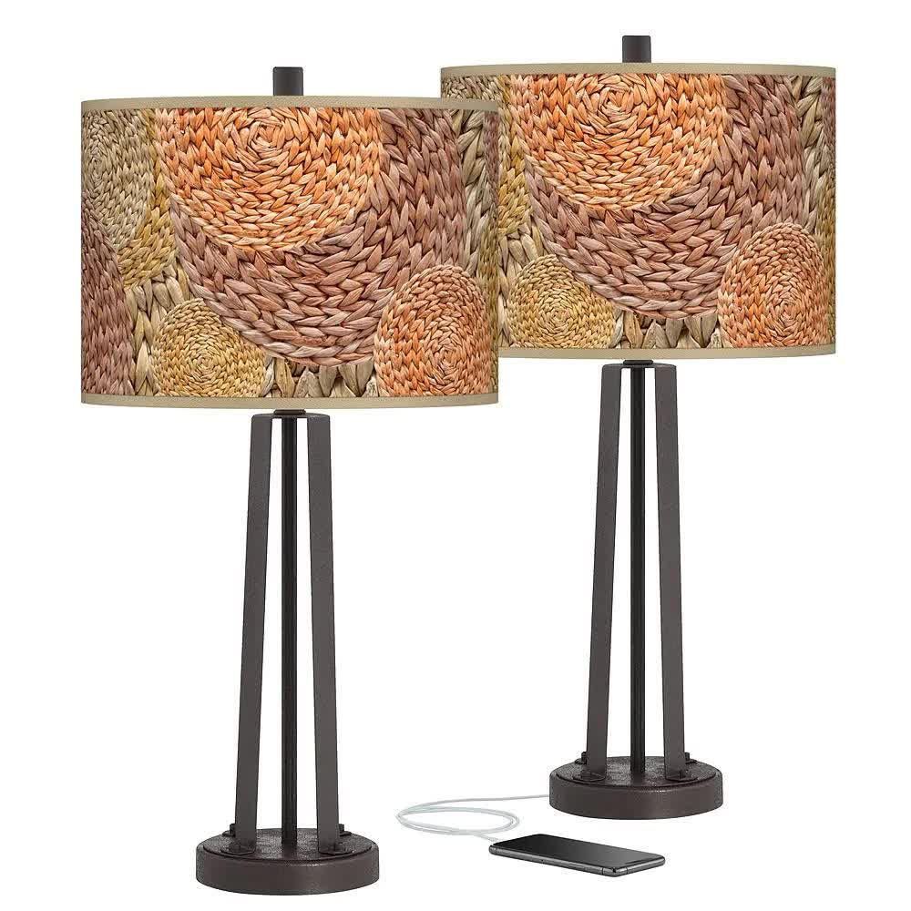 Rattan Circles Susan Dark Bronze USB Table Lamps Set of 2