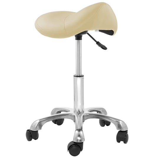 Saloniture Hydraulic Adjustable Rolling Spa Saddle Stool - Ergonomic, Swivel Wheels - Cream