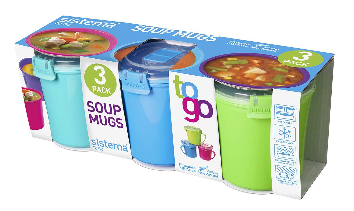 Sistema to Go Microwave Soup Mugs, 656mL, Assorted Colours - Pack of 3