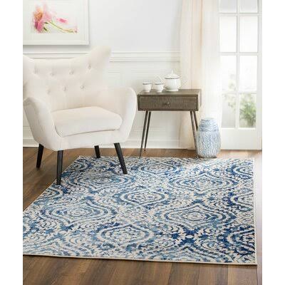 Bungalow Rose Amy Royal Trellis Cream/Blue Area Rug, Size  5 x 7