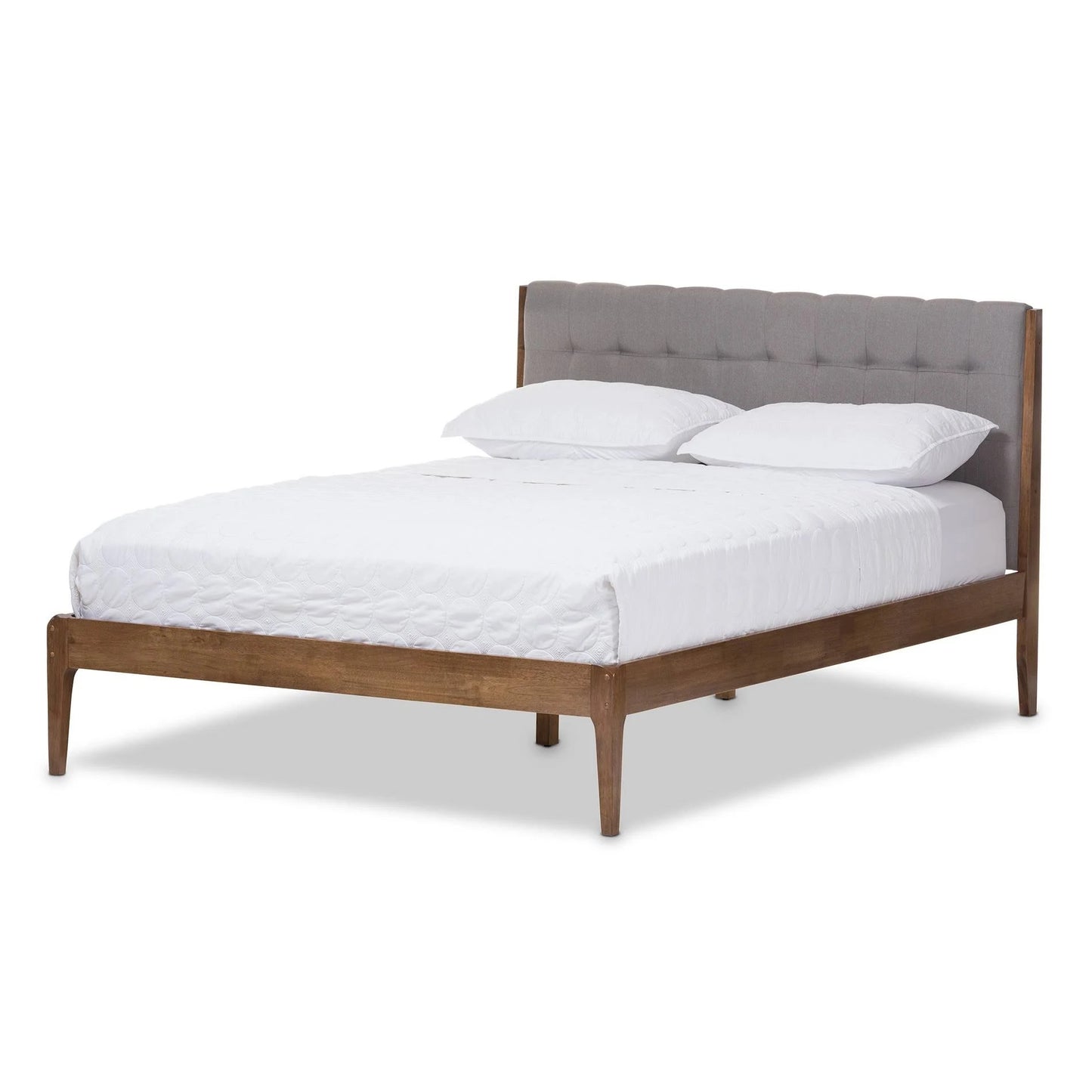 Baxton Studio Clifford Mid-Century Light Grey Fabric and Medium Brown Finish Wood King Size Platform Bed