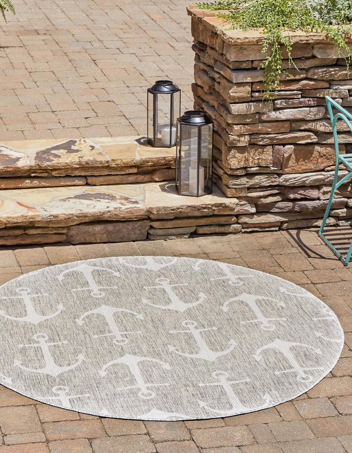 Outdoor Coastal 4 ft Round Gray Abstract Area Rug Indoor Outdoor Rug