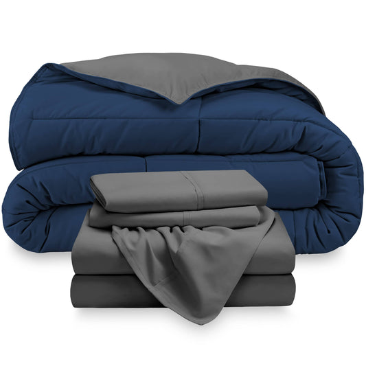 Bare Home Down Alternative Reversible Bed-in-a-Bag - Comforter Dark Blue/Grey, Sheets Grey - Full - Queen