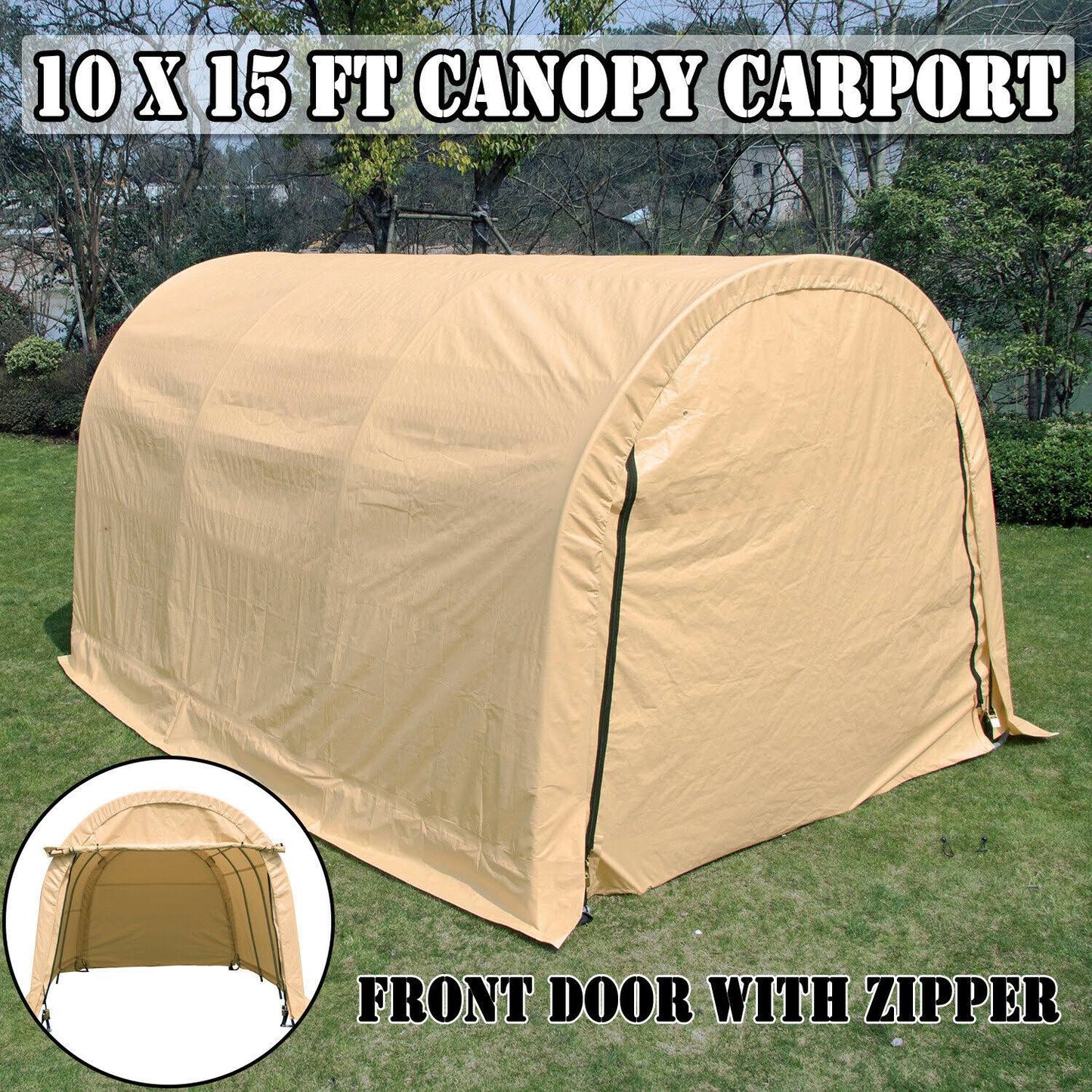 Outdoor 10x15x8 ft Carport Canopy Tent Garage Storage Shed Steel Outdoor Awning Beige