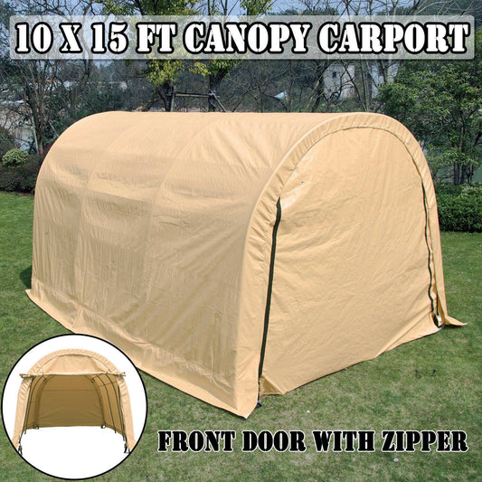 Outdoor 10x15x8 ft Carport Canopy Tent Garage Storage Shed Steel Outdoor Awning Beige