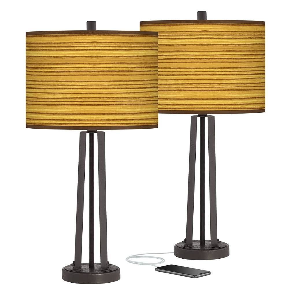 Tawny Zebrawood Susan Dark Bronze USB Table Lamps Set of 2