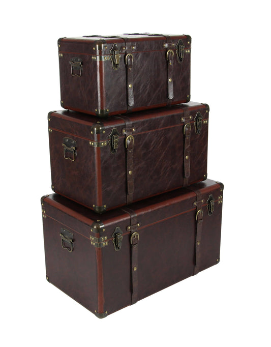 56977 Matte Leather and Wood Trunks (Set of 3), Brown