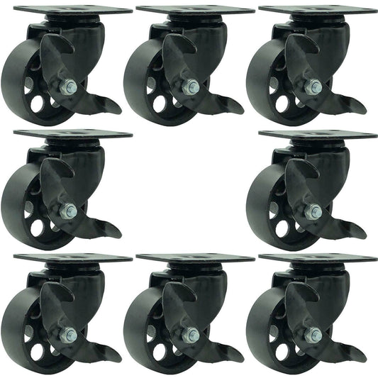 8 All Black Metal Swivel Plate Caster Wheels w/ Brake Heavy Duty (3