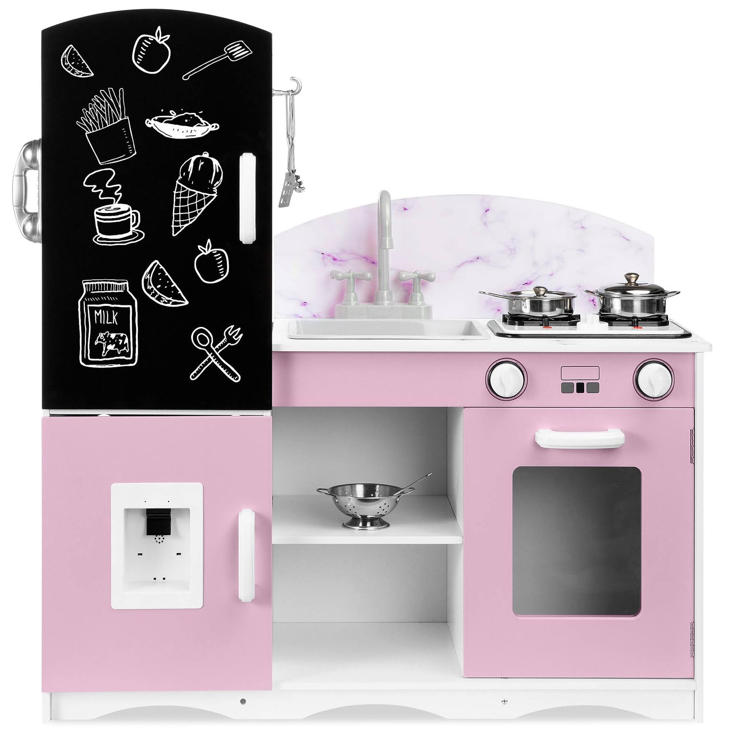 Best Choice Products Wooden Pretend Play Kitchen Toy Set for Kids w/ Chalkboard, Marble Backdrop, 7 Accessories - Pink