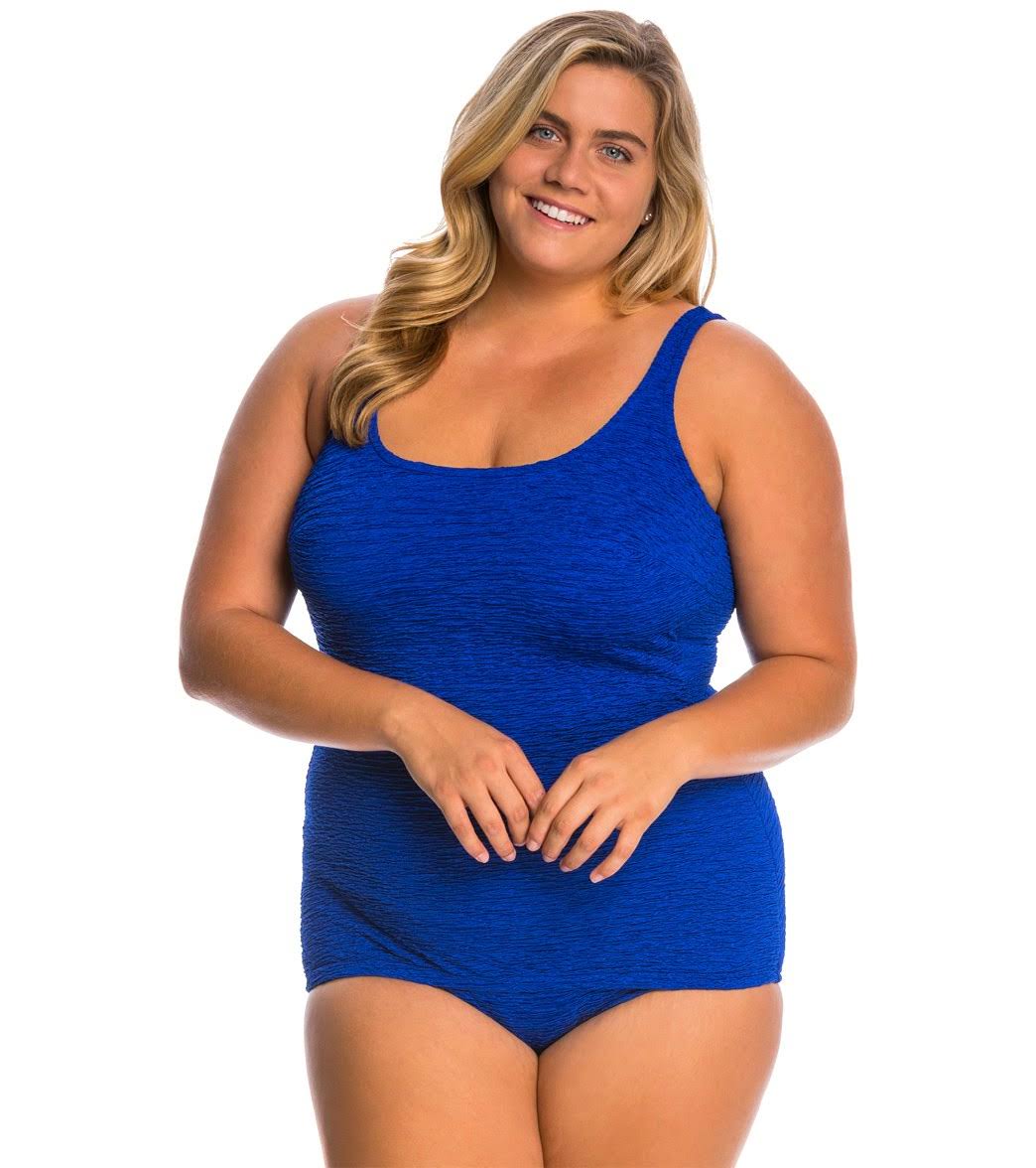 Penbrooke Krinkle Plus Size Chlorine Resistant One Piece Scoop Neck Sheath Swimsuit - Royal 24W | Polyester - Swimoutlet.com