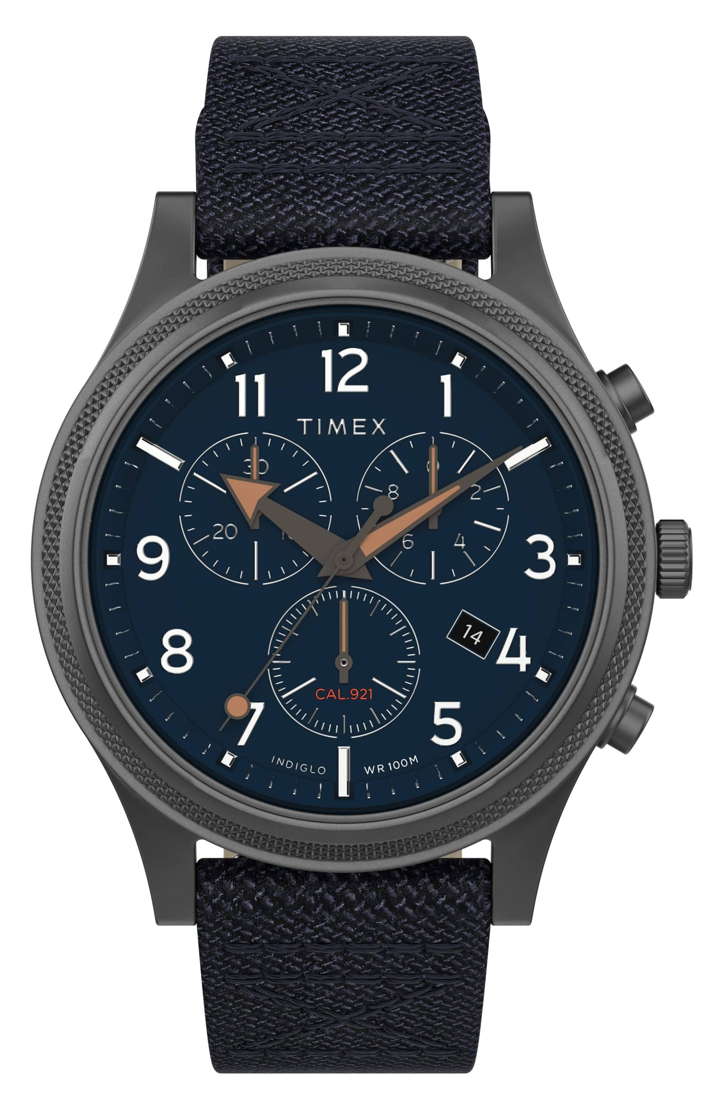 Timex Watch Men\x27s Allied LT Chronograph 42mm Fabric Strap Gunmetal/Blue | Item #TW2T75900VQ