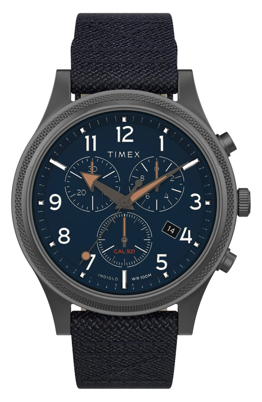 Timex Watch Men\x27s Allied LT Chronograph 42mm Fabric Strap Gunmetal/Blue | Item #TW2T75900VQ