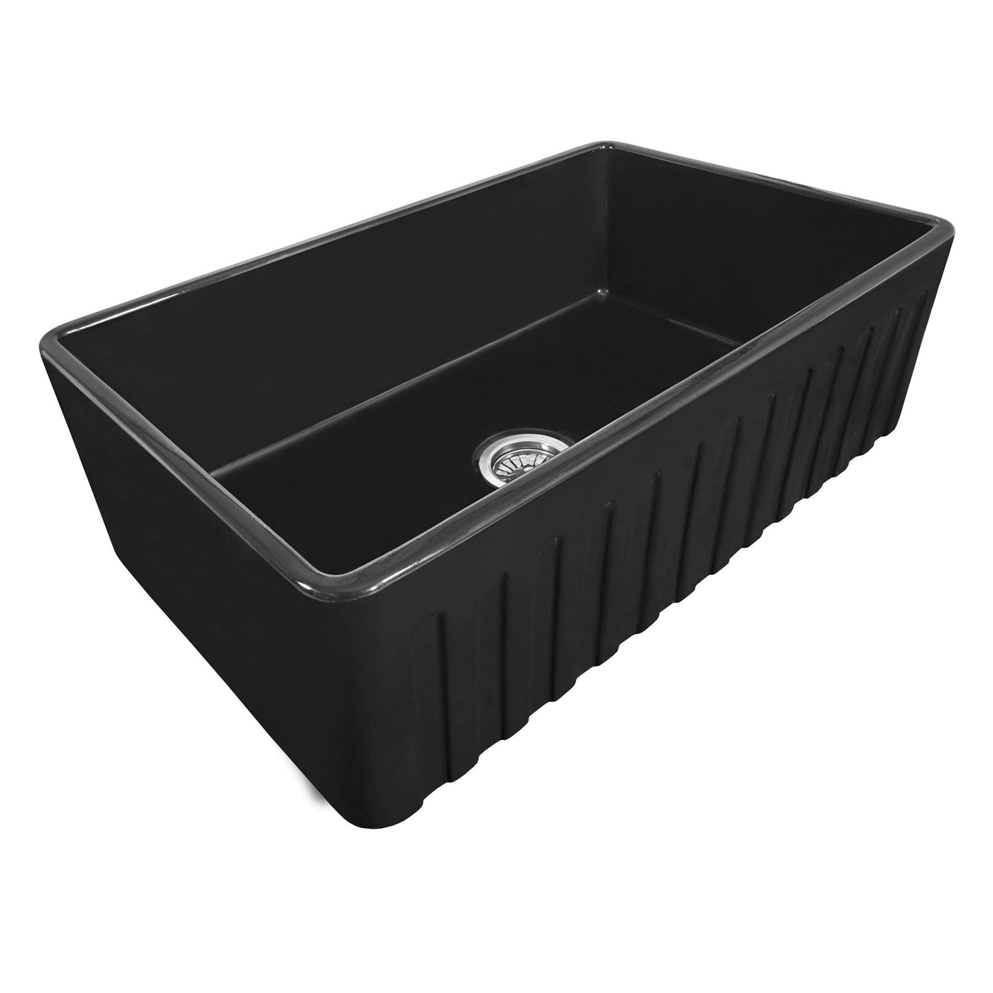 Ruvati 33 x 20 inch Fireclay Reversible Farmhouse Apron-Front Kitchen Sink Single Bowl - Gloss Black - RVL2300BK