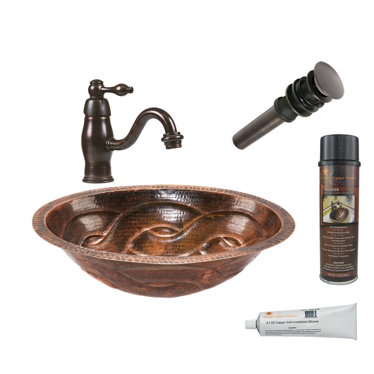 Premier Copper Products Oval Braid Under Counter Hammered Copper Sink, Single Handle Faucet Accessories Package