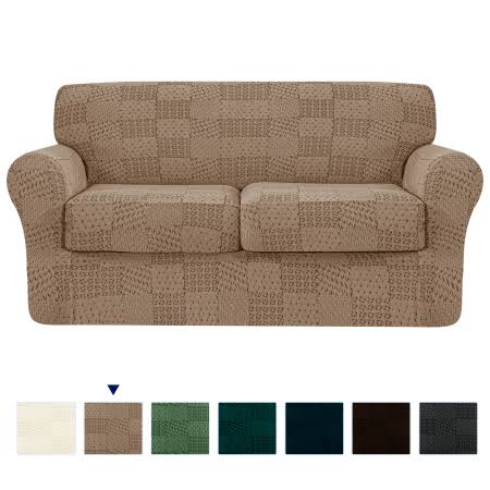 Subrtex 3-Piece High Spandex Jacquard Patchwork Individual Cushion Loveseat Slipcover (Sand, Loveseat), Beige