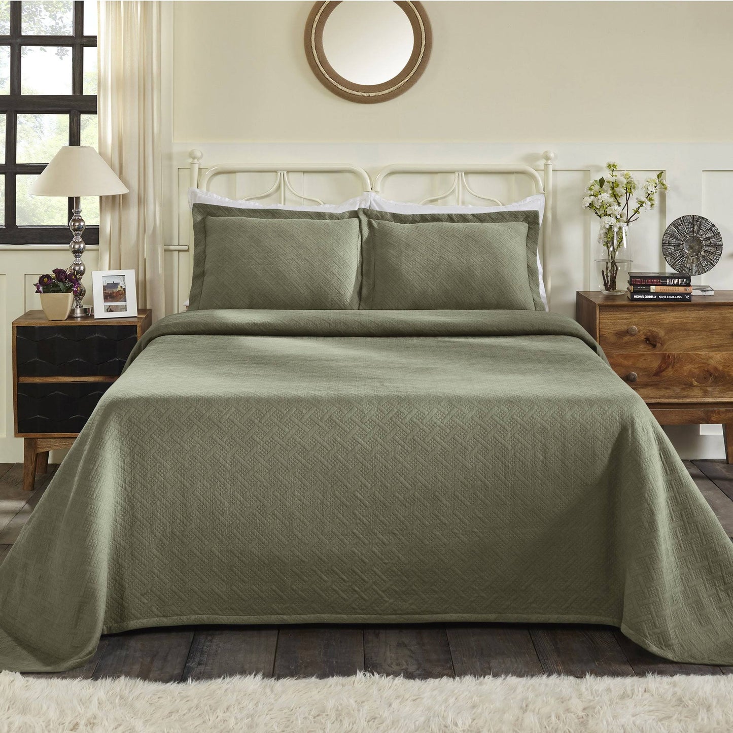 Superior Jacquard Matelasse Basket Cotton Bedspread Set - Sage - Full