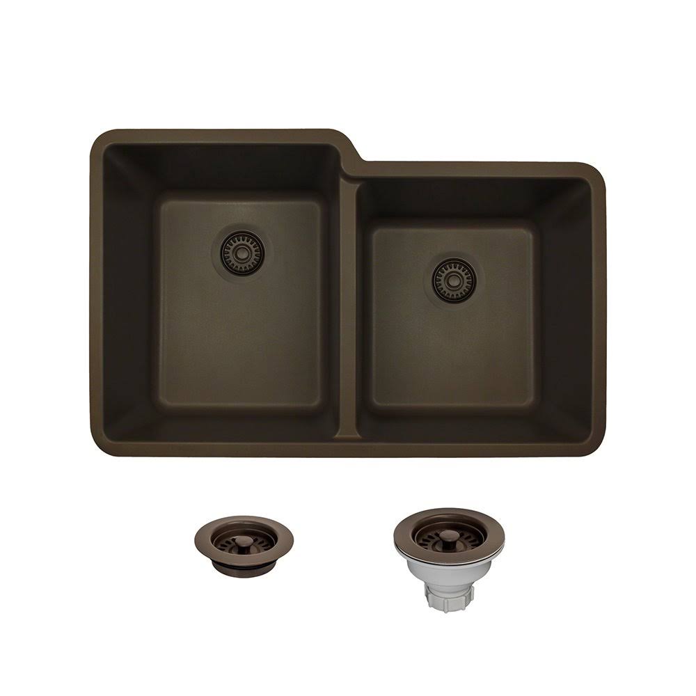 801 Double Offset Bowl Quartz Kitchen Sink, Mocha, Strainer/Flange