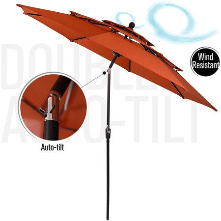 Captiva Designs 10ft 3 Tier Auto-Tilt Patio Umbrella Outdoor Double Vented Umbrella, Orange Red