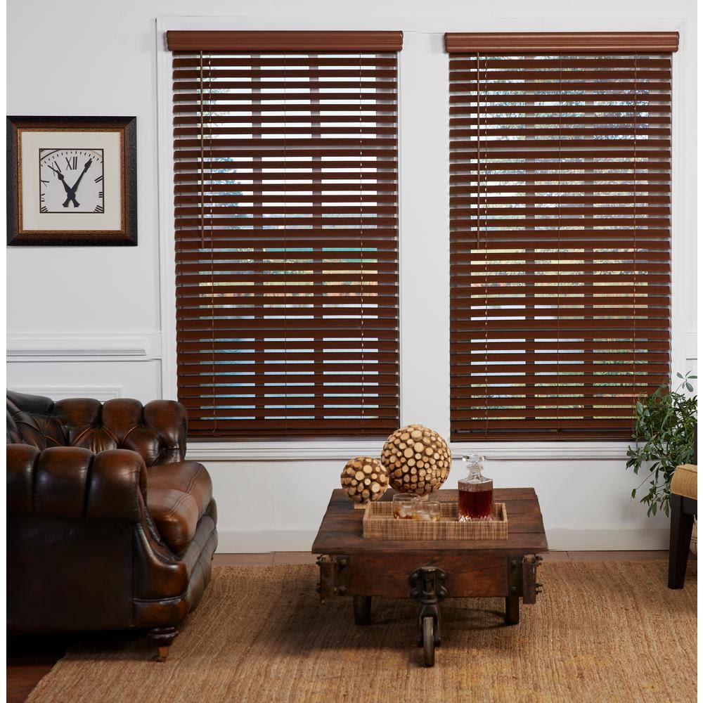 Perfect Lift Window Treatment Dark Oak 2 in. Cordless Room Darkening Faux Wood Blind 63.75 in. W x 48 in. L (Actual Size: 63.75