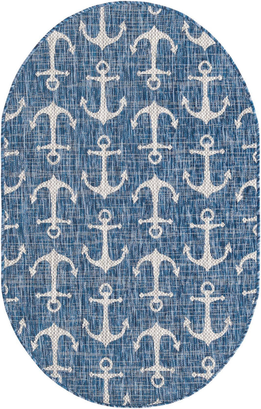 Unique Loom Outdoor Geometric Ahoy Area Rug - Blue - 3 3 x 5 3 Oval