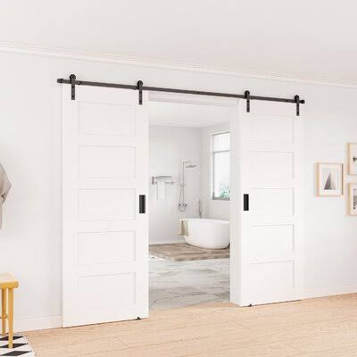 Winsoon Sliding Barn Door Hardware Kit 4ft Track for Double Doors Black Finish I Style Hanger, Size: 4& GCM5096