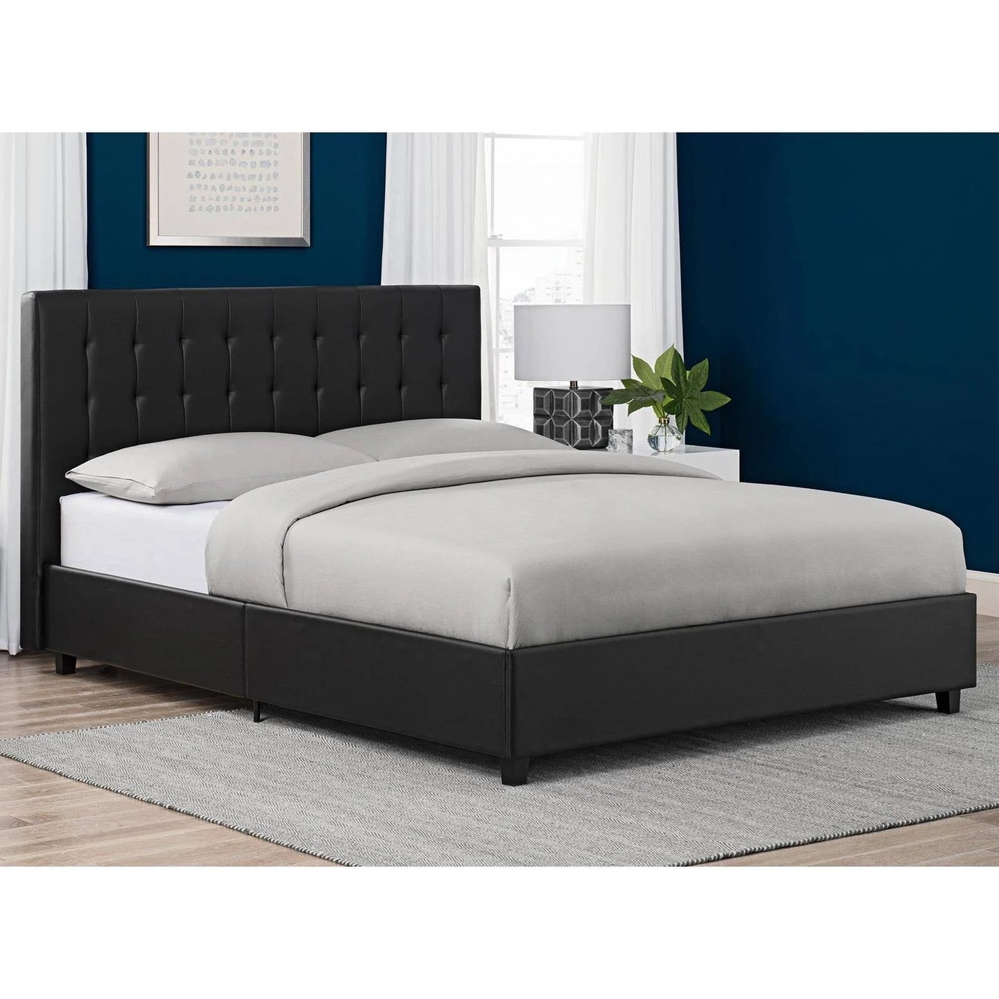 DHP Emily Faux Leather Upholstered Bed, Black - Queen