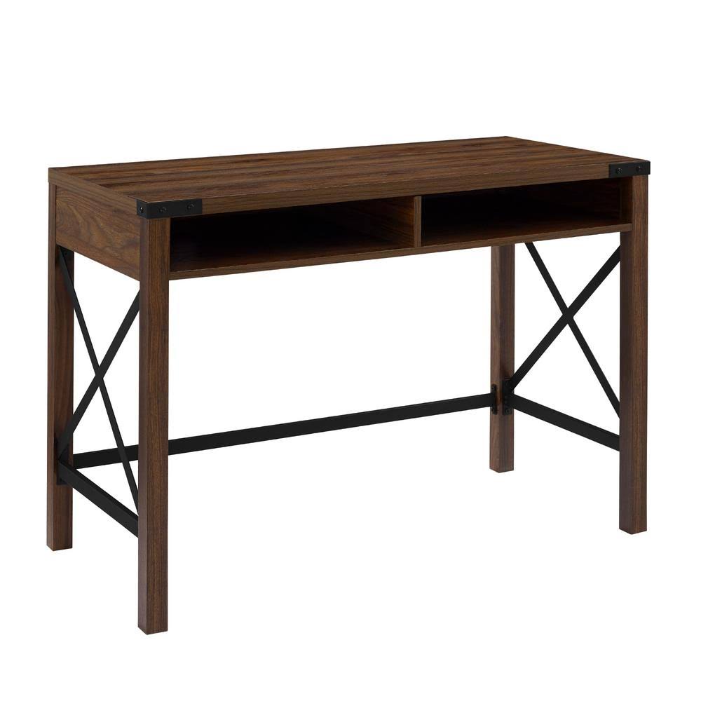 Walker Edison Furniture Company 42 in. Rectangular Dark Walnut Wood and Metal Accent 2-Cubby Industrial Farmhouse Computer Desk