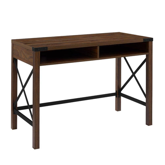 Walker Edison Furniture Company 42 in. Rectangular Dark Walnut Wood and Metal Accent 2-Cubby Industrial Farmhouse Computer Desk