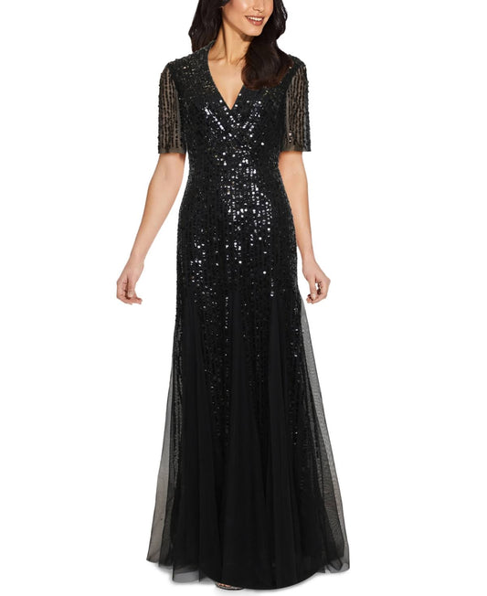 Adrianna Papell Short Sleeve Beaded Gown - Black - Gowns