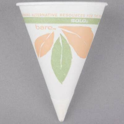 1pc Bare by Solo 4br-j8614 Eco-Forward 4 oz. Printed Rolled Rim Paper Cone Cup with Leaf Design and Poly Bag Packaging - 5000/Ca