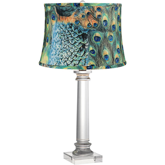 Peacock Print Modern Crystal Column Table Lamp