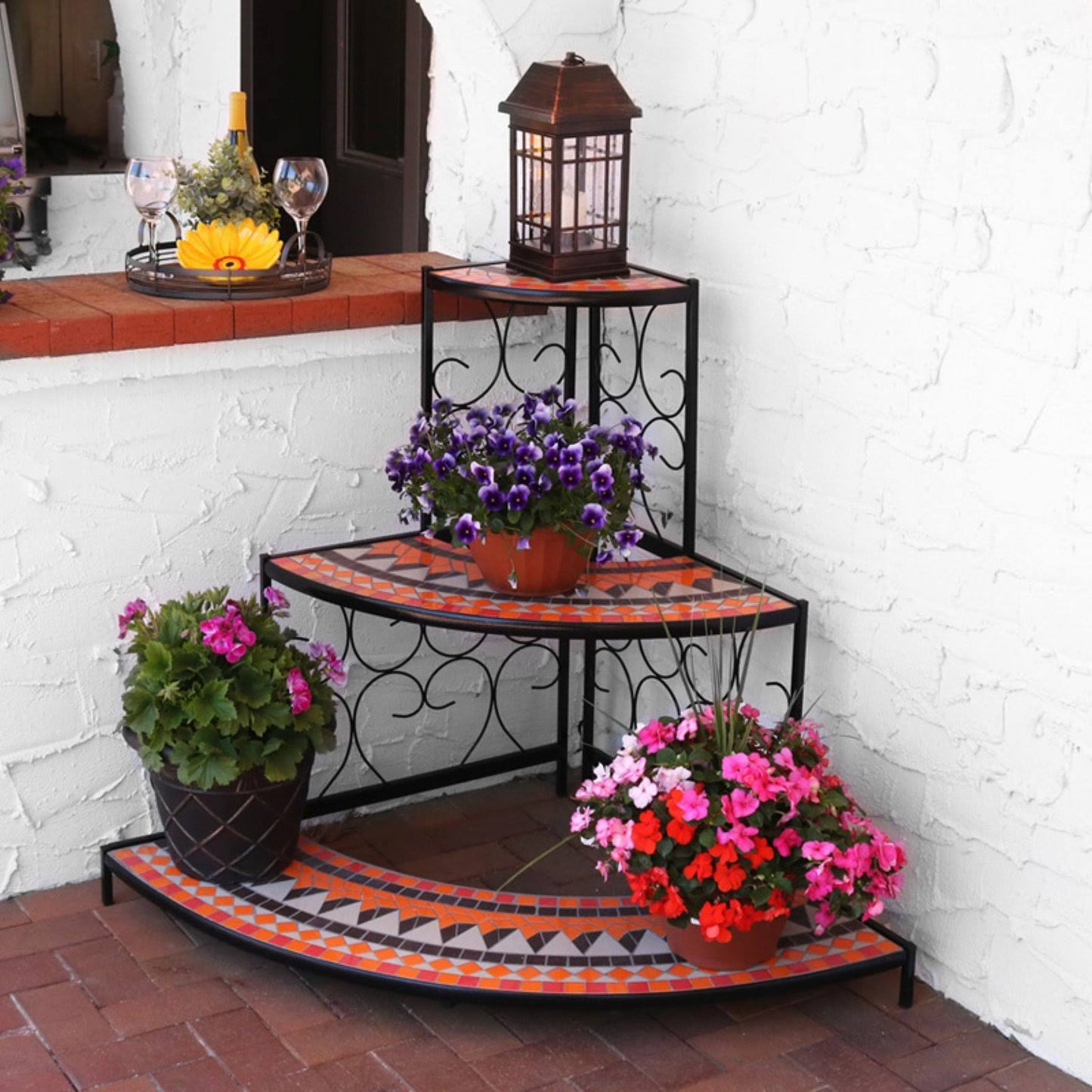 Sunnydaze Decor 3-Tier Step Mosaic Tiled Outdoor Corner Display Shelf, Black